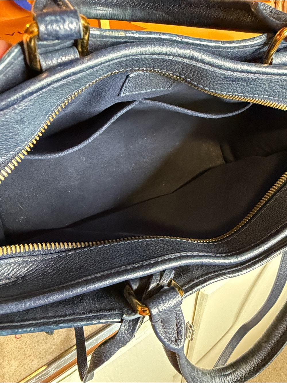 Louis Vuitton Monogram Satchel in Brown with Navy Trim - Picture 14 of 16